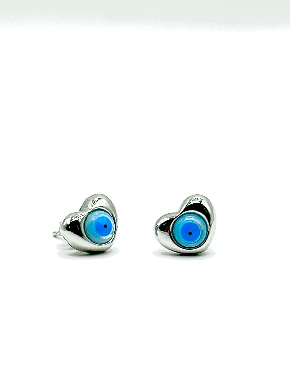 Heart Evil Eye Stud Earrings – Sterling Silver (10mm)