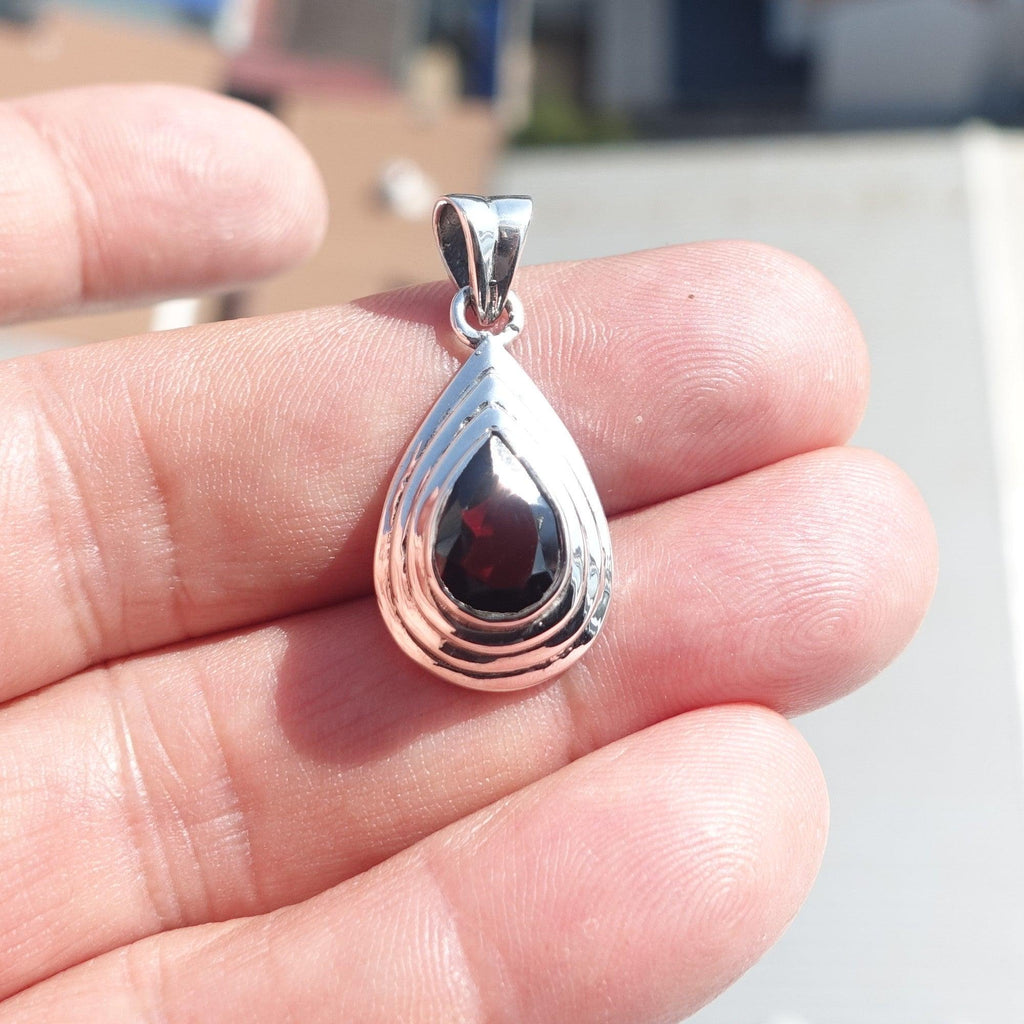 Garnet Silver Pendant, Pear shaped Sterling Silver Gemstone Pendant with Garnet, Symmetric Amulet, Sterling silver Amulet-2