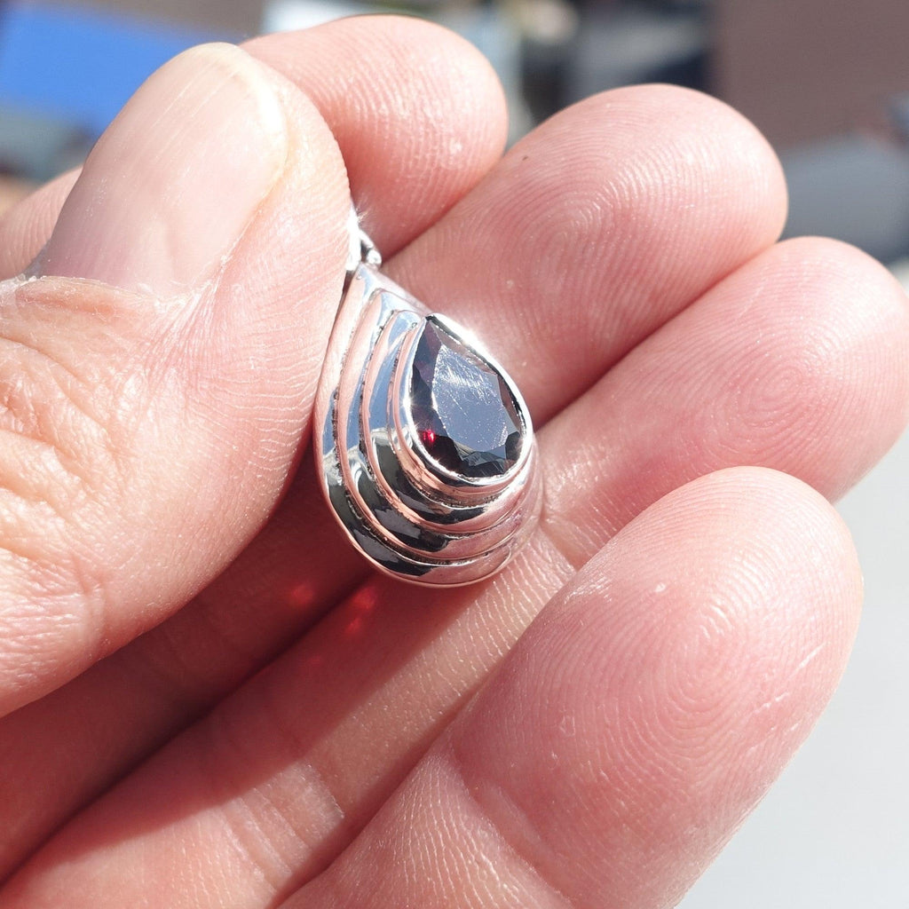 Garnet Silver Pendant, Pear shaped Sterling Silver Gemstone Pendant with Garnet, Symmetric Amulet, Sterling silver Amulet-3