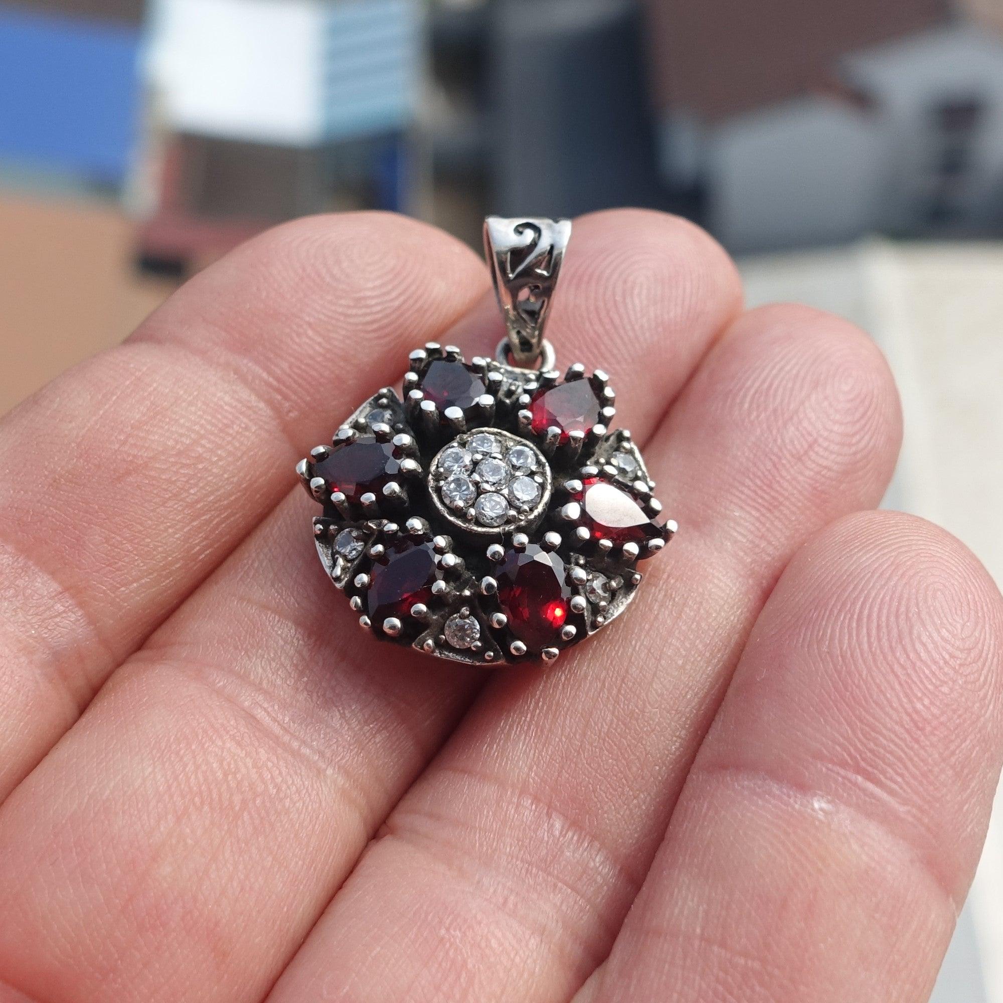 Garnet Silver Pendant, Star shaped Sterling Silver Gemstone Pendant with Garnet and Topaz, Symmetric Amulet, Sterling silver pendant-1