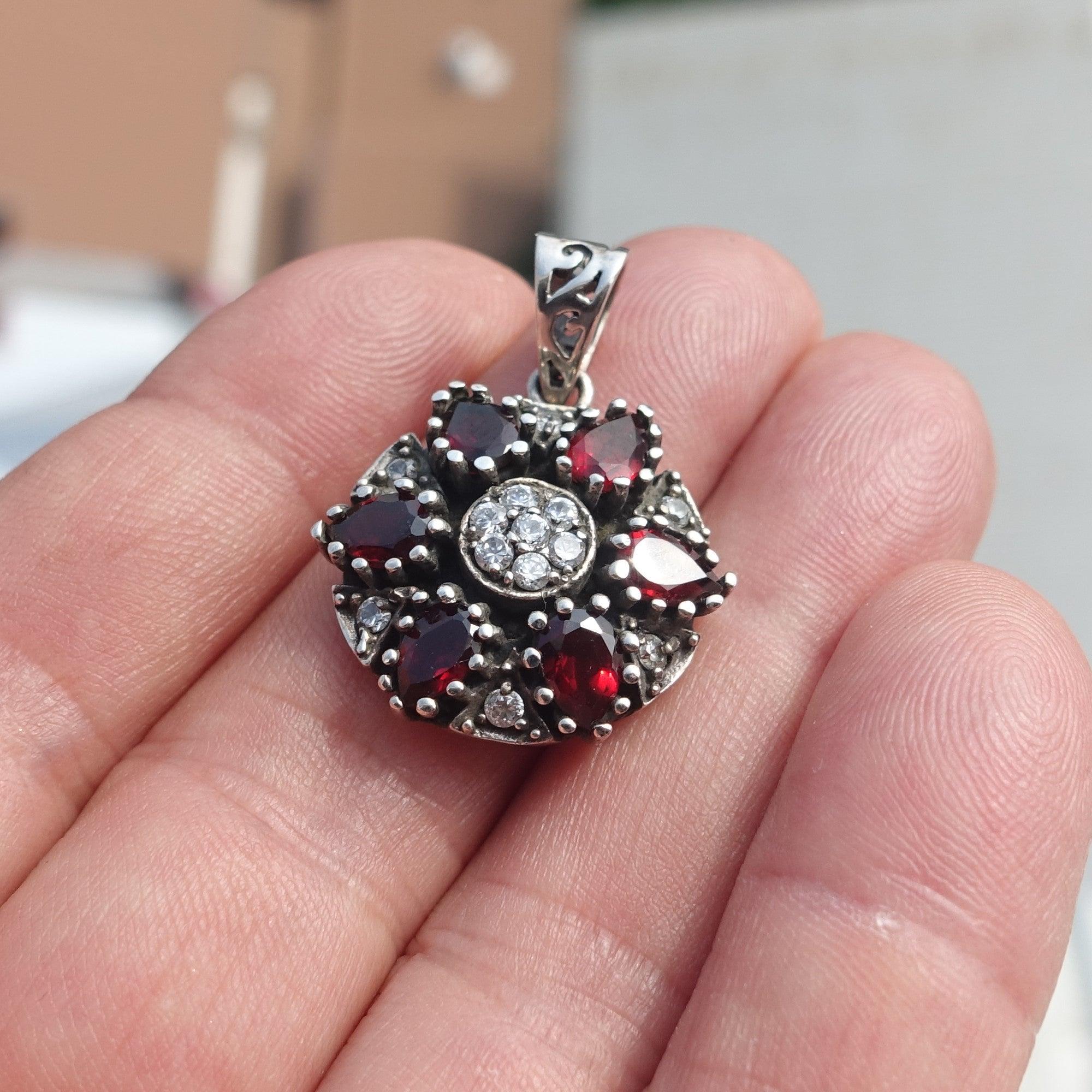 Garnet Silver Pendant, Star shaped Sterling Silver Gemstone Pendant with Garnet and Topaz, Symmetric Amulet, Sterling silver pendant-0