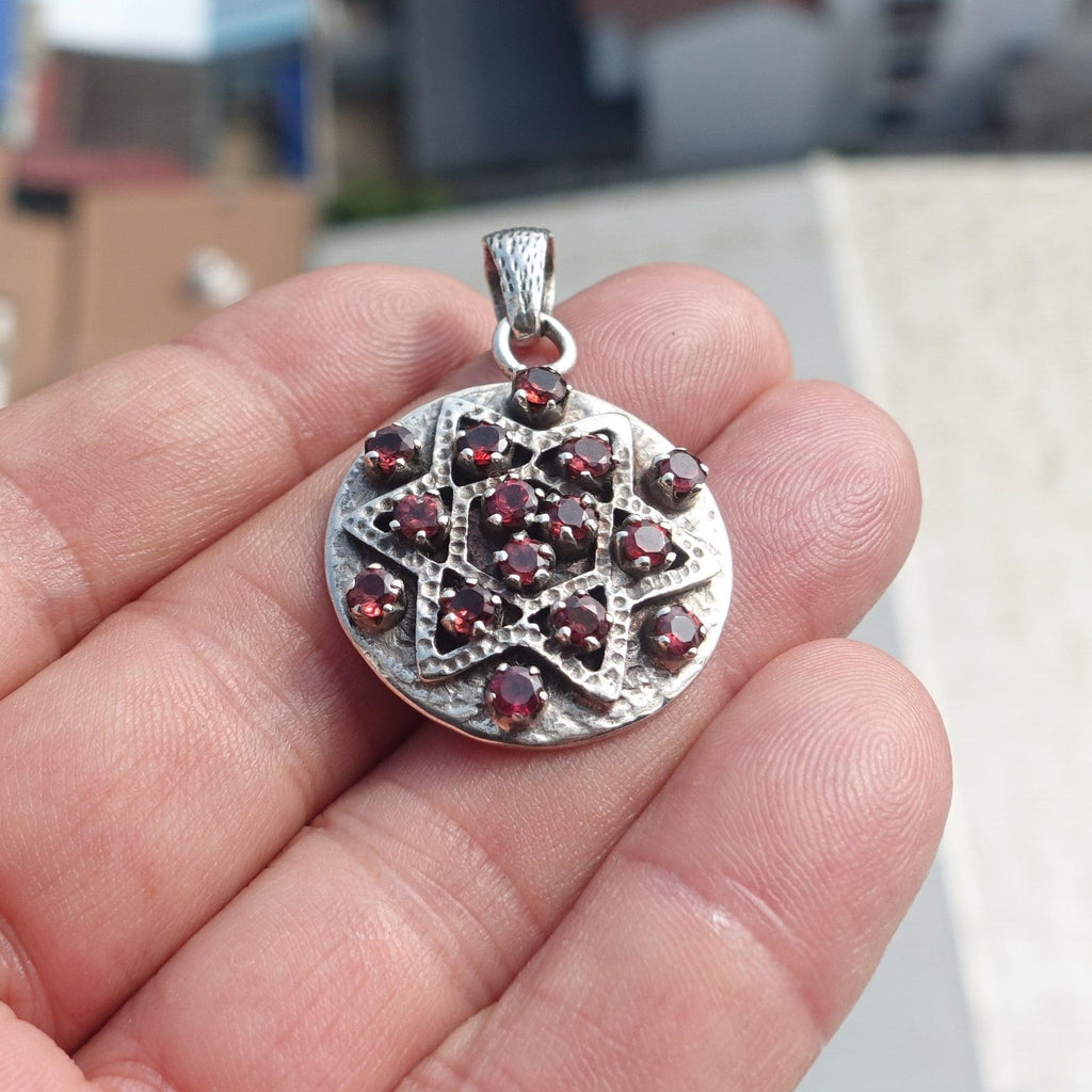 Garnet Silver Pendant, Round shaped Sterling Silver Gemstone Pendant with Garnet, Symmetric Amulet, Sterling silver pendant-0