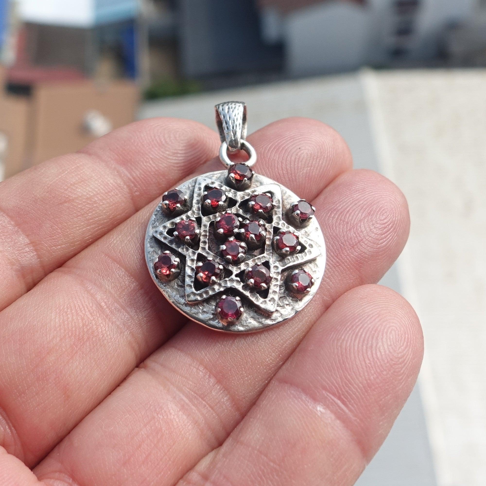 Garnet Silver Pendant, Round shaped Sterling Silver Gemstone Pendant with Garnet, Symmetric Amulet, Sterling silver pendant-0