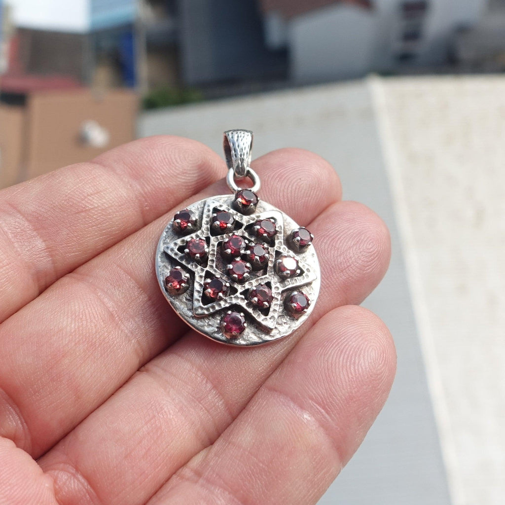 Garnet Silver Pendant, Round shaped Sterling Silver Gemstone Pendant with Garnet, Symmetric Amulet, Sterling silver pendant-1