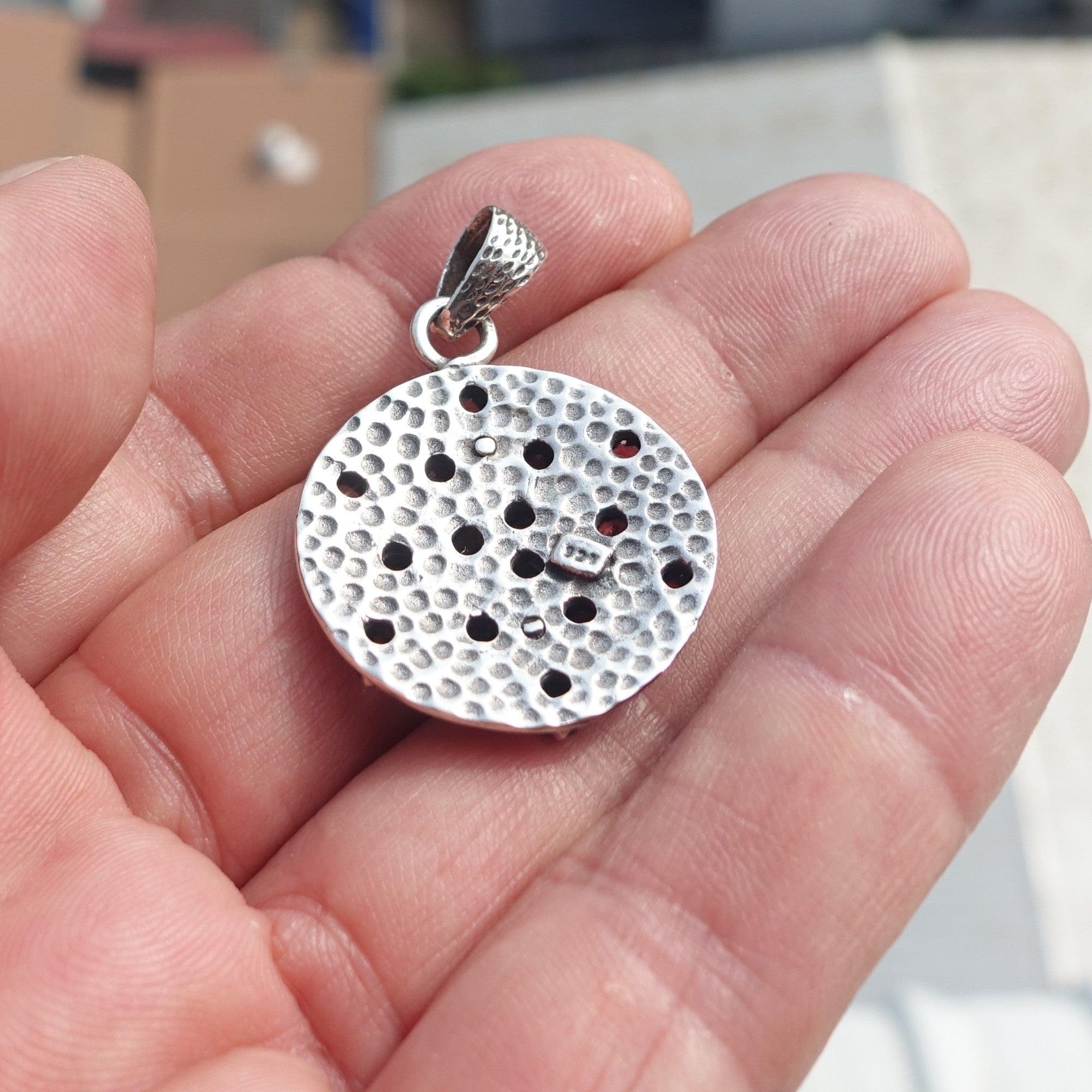 Garnet Silver Pendant, Round shaped Sterling Silver Gemstone Pendant with Garnet, Symmetric Amulet, Sterling silver pendant-2