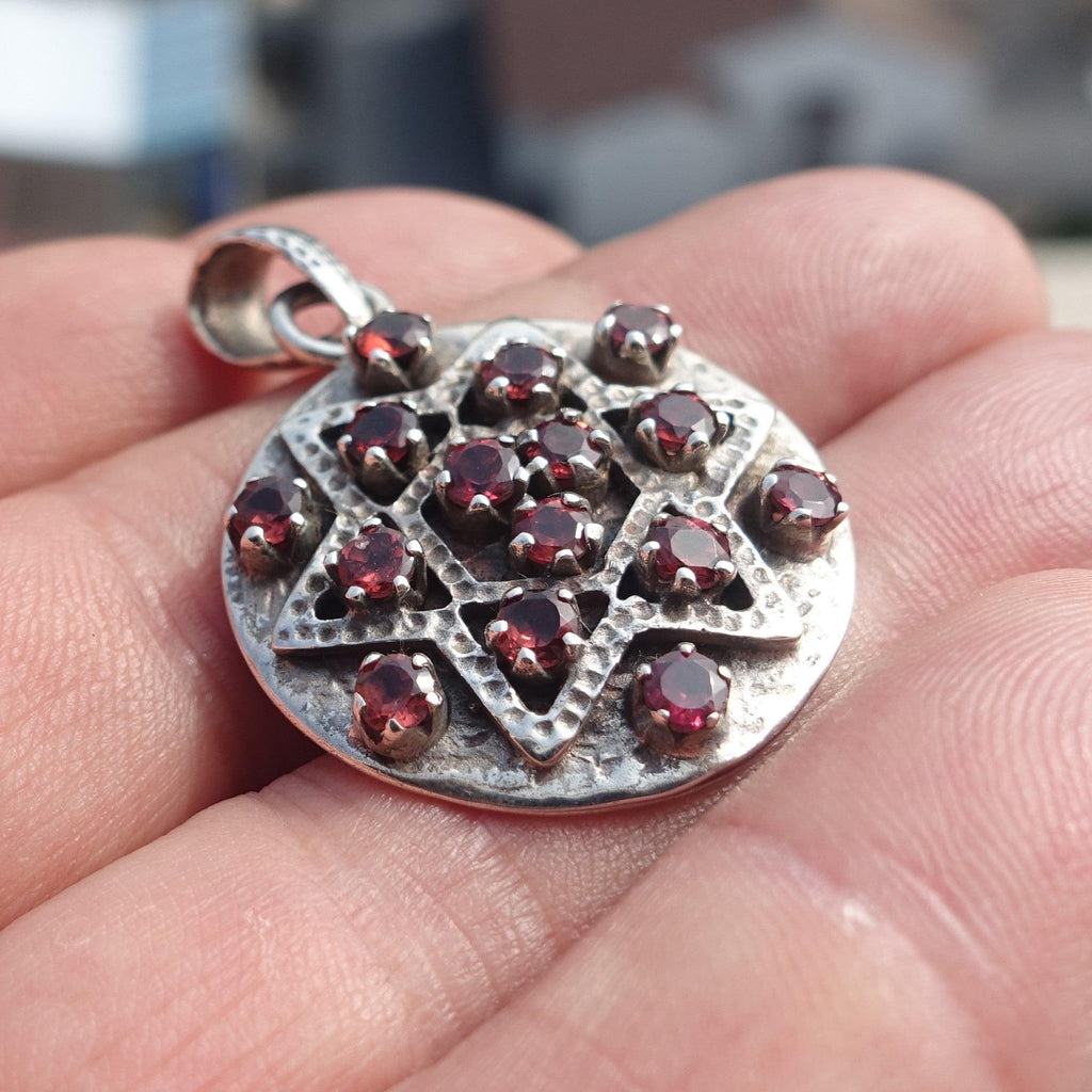 Garnet Silver Pendant, Round shaped Sterling Silver Gemstone Pendant with Garnet, Symmetric Amulet, Sterling silver pendant-3