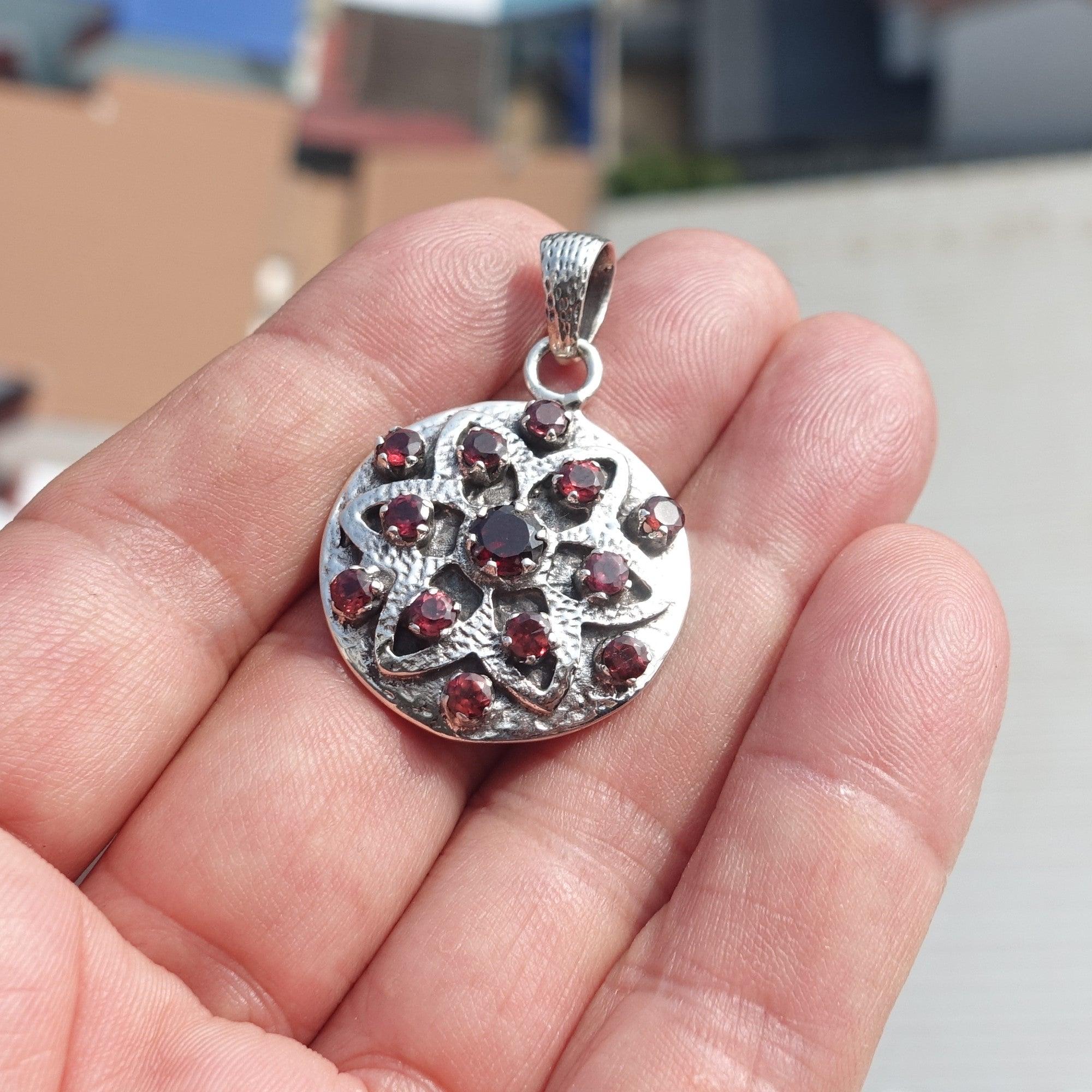 Garnet Star Silver Pendant, Round shaped Sterling Silver Gemstone Pendant with Garnet, Symmetric Amulet, Sterling silver pendant-1