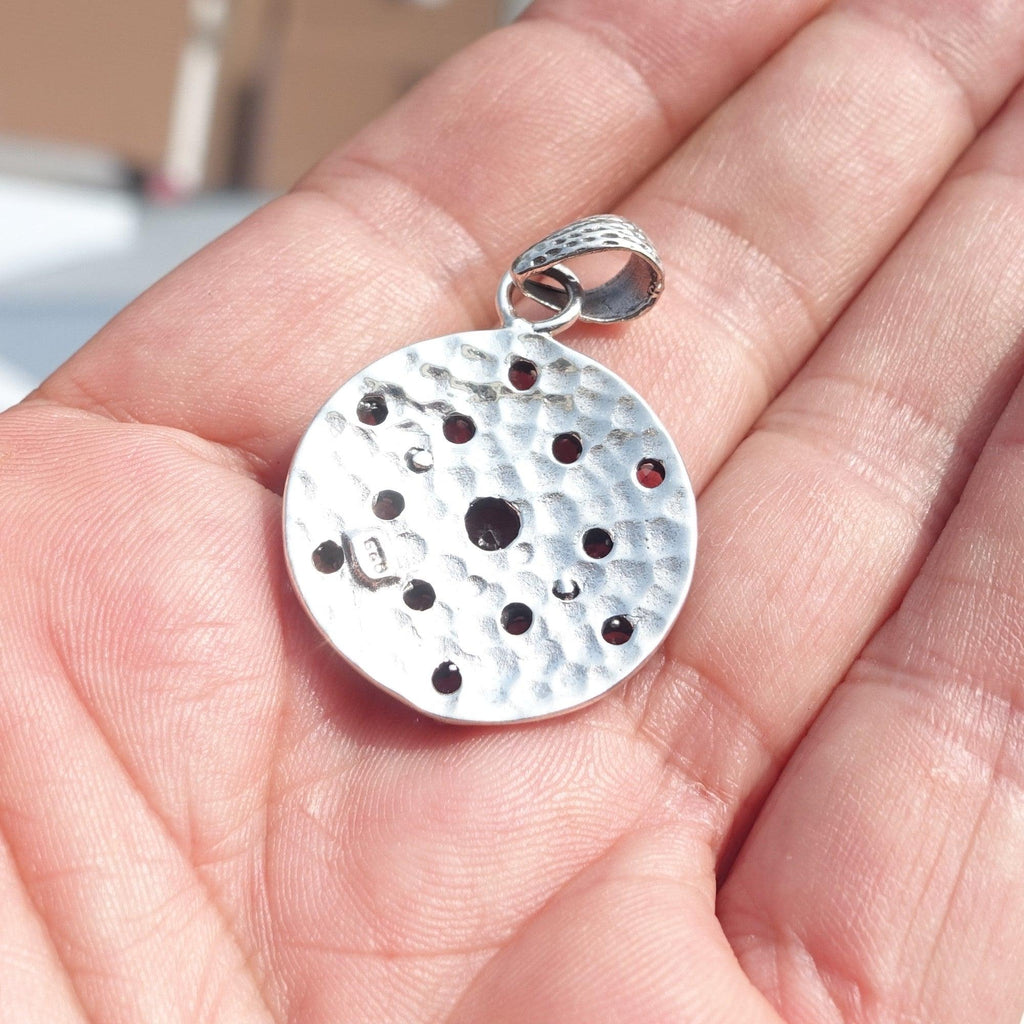 Garnet Star Silver Pendant, Round shaped Sterling Silver Gemstone Pendant with Garnet, Symmetric Amulet, Sterling silver pendant-4