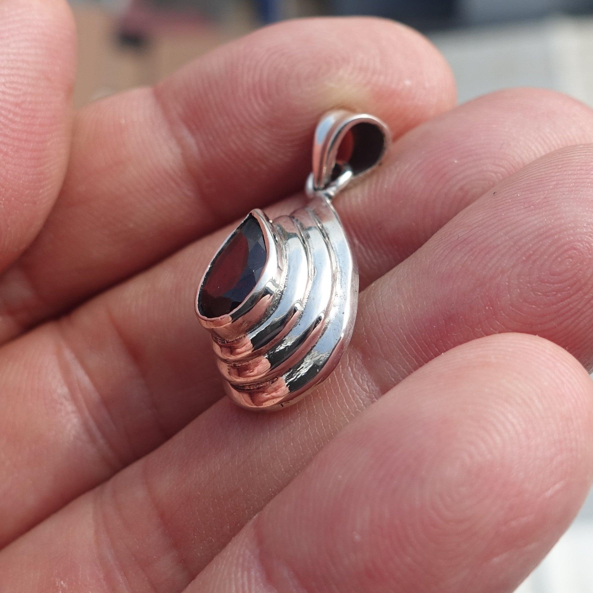 Garnet Silver Pendant, Pear shaped Sterling Silver Gemstone Pendant with Garnet, Symmetric Amulet, Sterling silver pendant-1