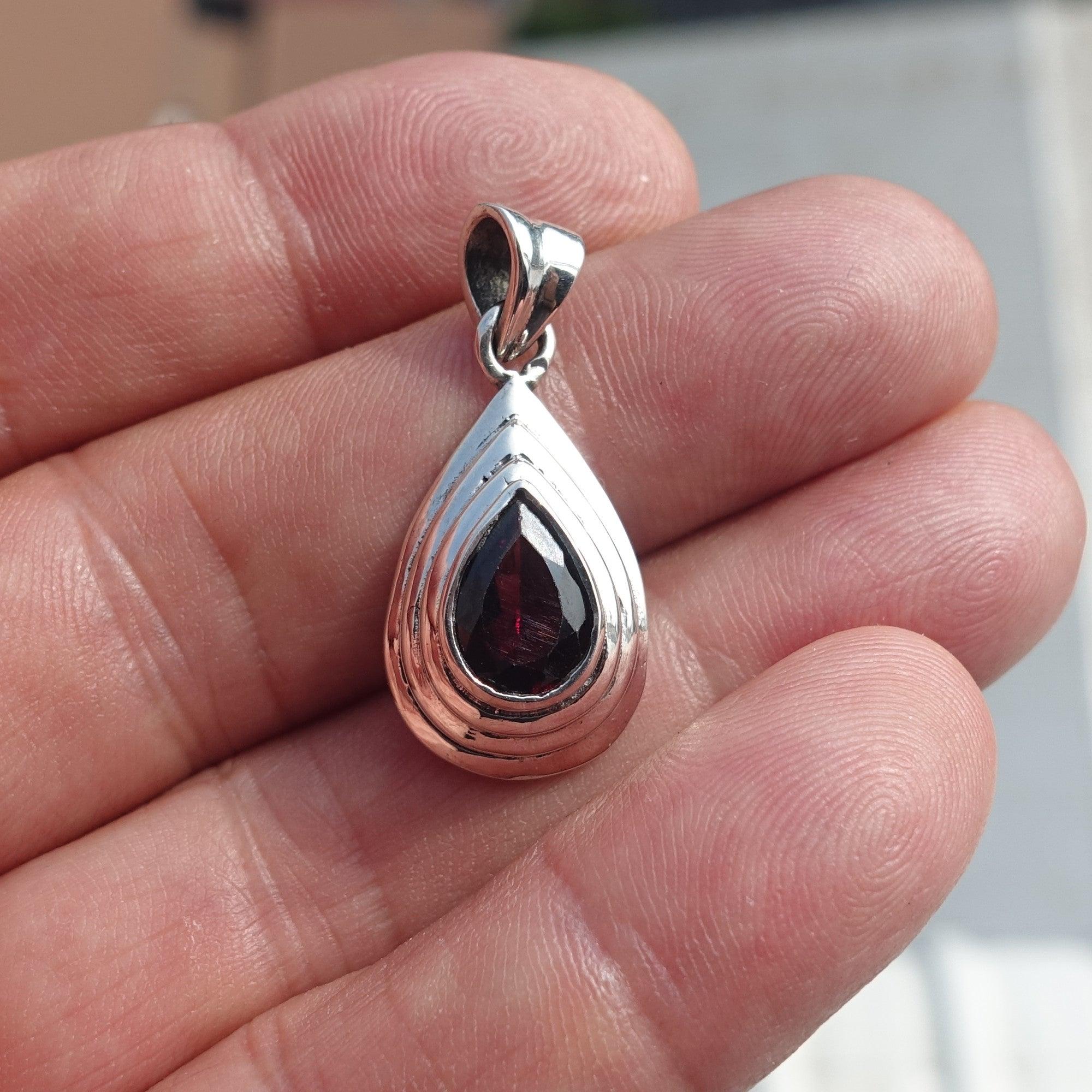 Garnet Silver Pendant, Pear shaped Sterling Silver Gemstone Pendant with Garnet, Symmetric Amulet, Sterling silver pendant-3