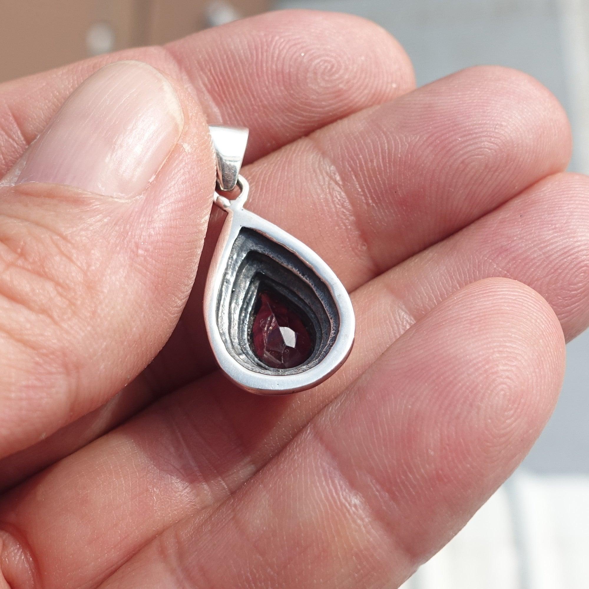 Garnet Silver Pendant, Pear shaped Sterling Silver Gemstone Pendant with Garnet, Symmetric Amulet, Sterling silver pendant-4