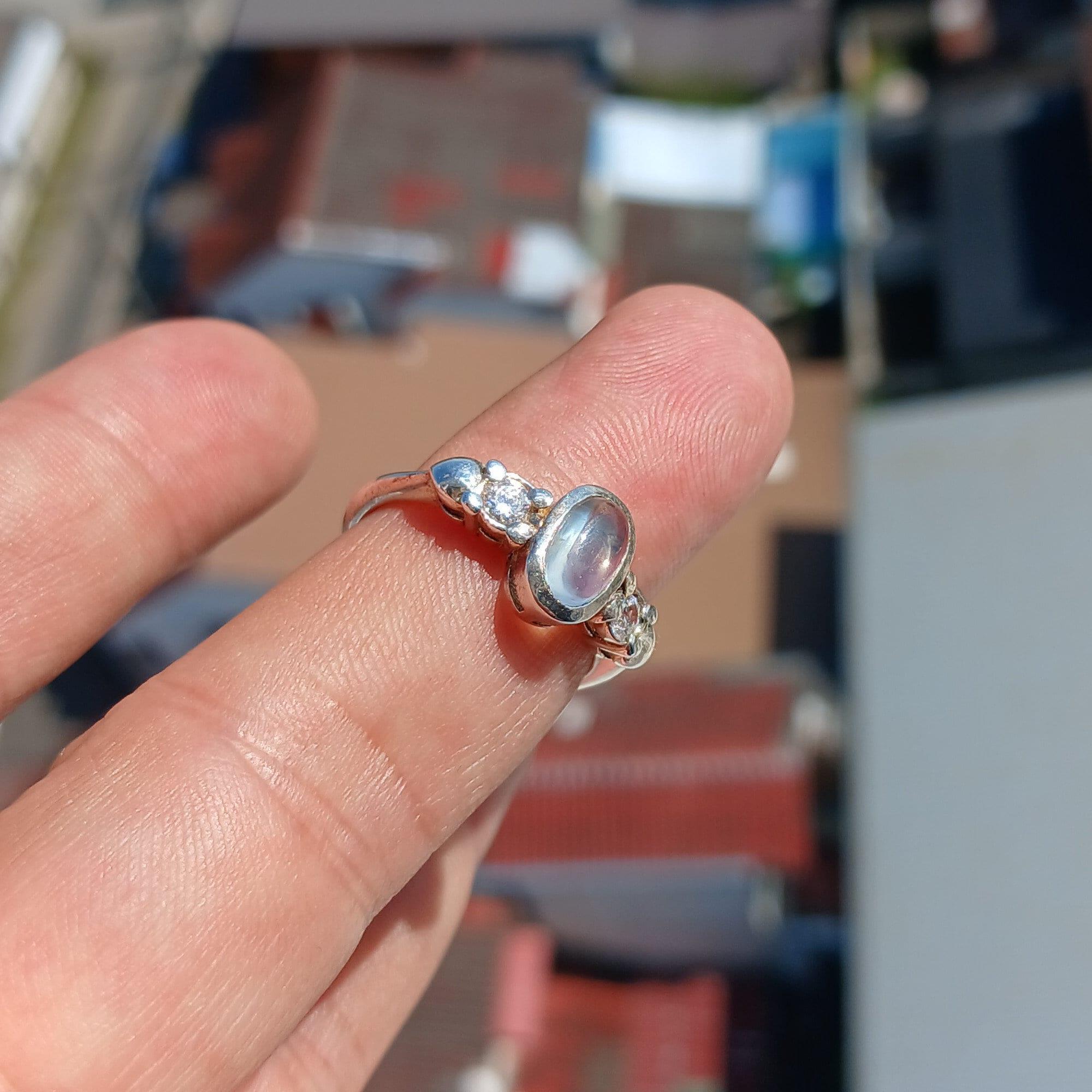 Natural Moonstone Ring, Moonstone Silver Ring, Square shaped Ring, Sterling Silver Ring, oval Ceylon Moonstone and 2 CZ handmade ring - Size 7.5