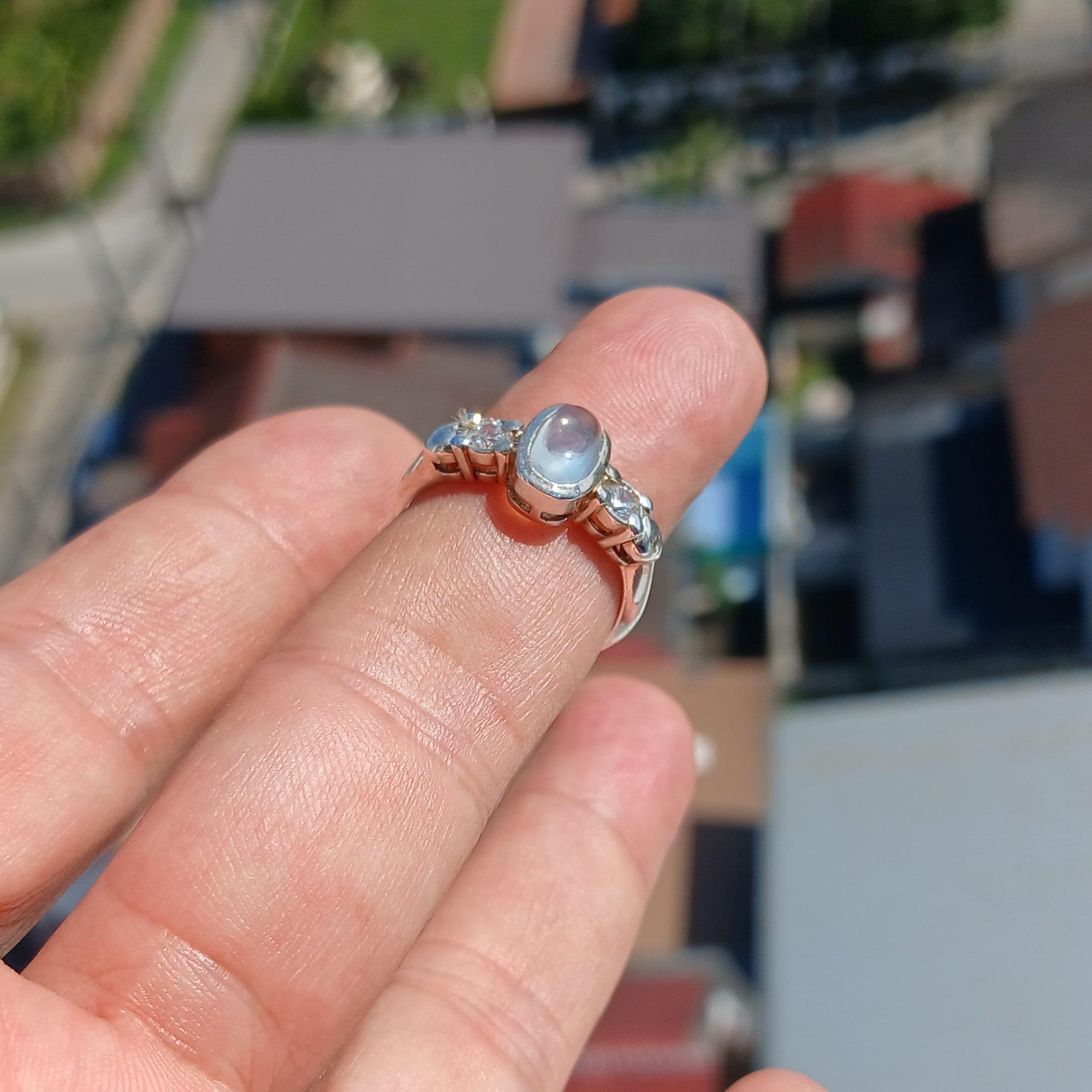 Natural Moonstone Ring, Moonstone Silver Ring, Square shaped Ring, Sterling Silver Ring, oval Ceylon Moonstone and 2 CZ handmade ring - Size 7.5