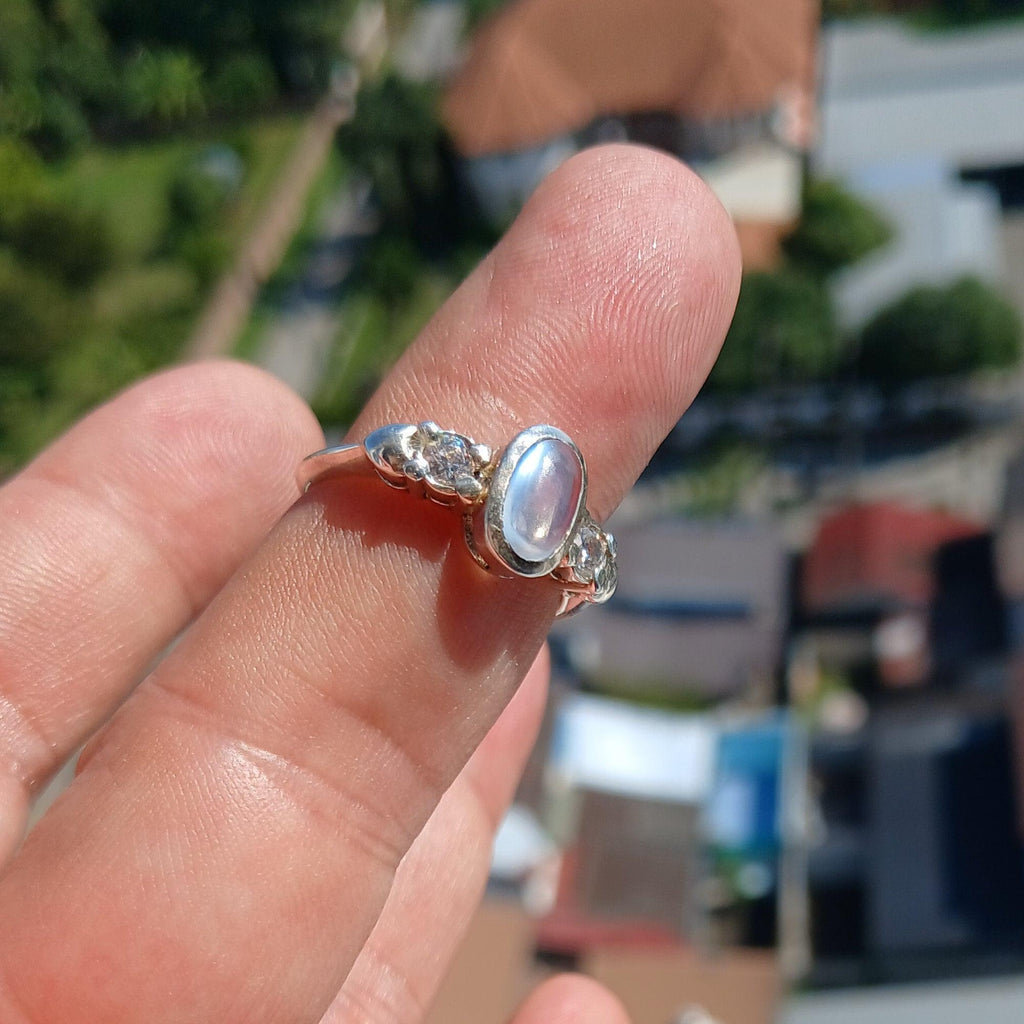 Natural Moonstone Ring, Moonstone Silver Ring, Square shaped Ring, Sterling Silver Ring, oval Ceylon Moonstone and 2 CZ handmade ring - Size 7.5