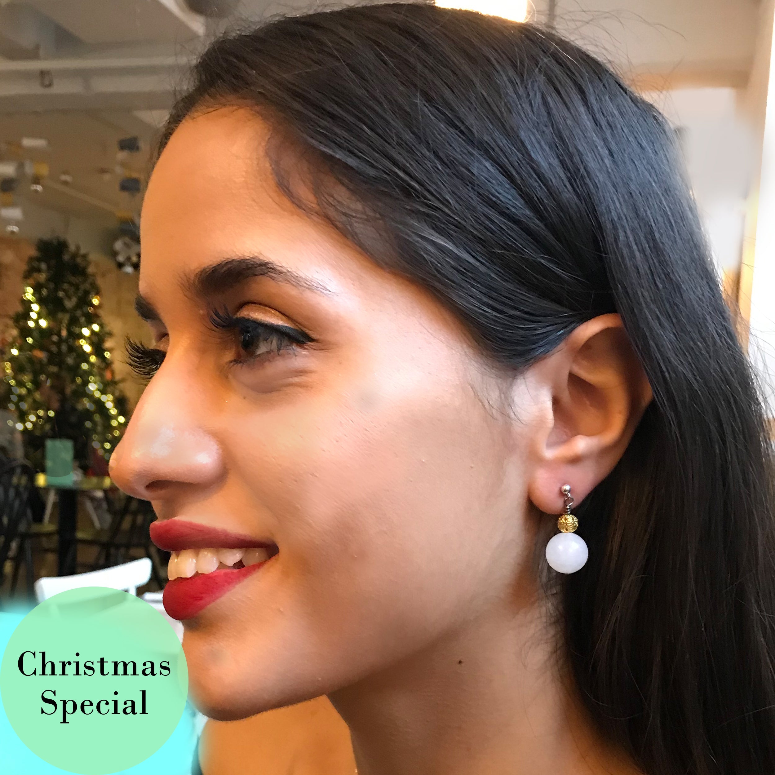 White agate gold bead sterling silver earrings , Christmas special, .925 sterling silver earrings